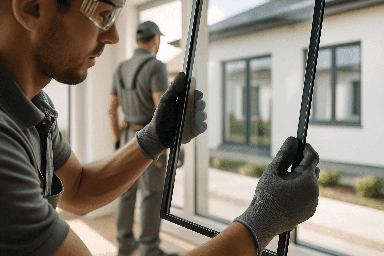 Professional installing frameless window pane at clean residential site with safety gear