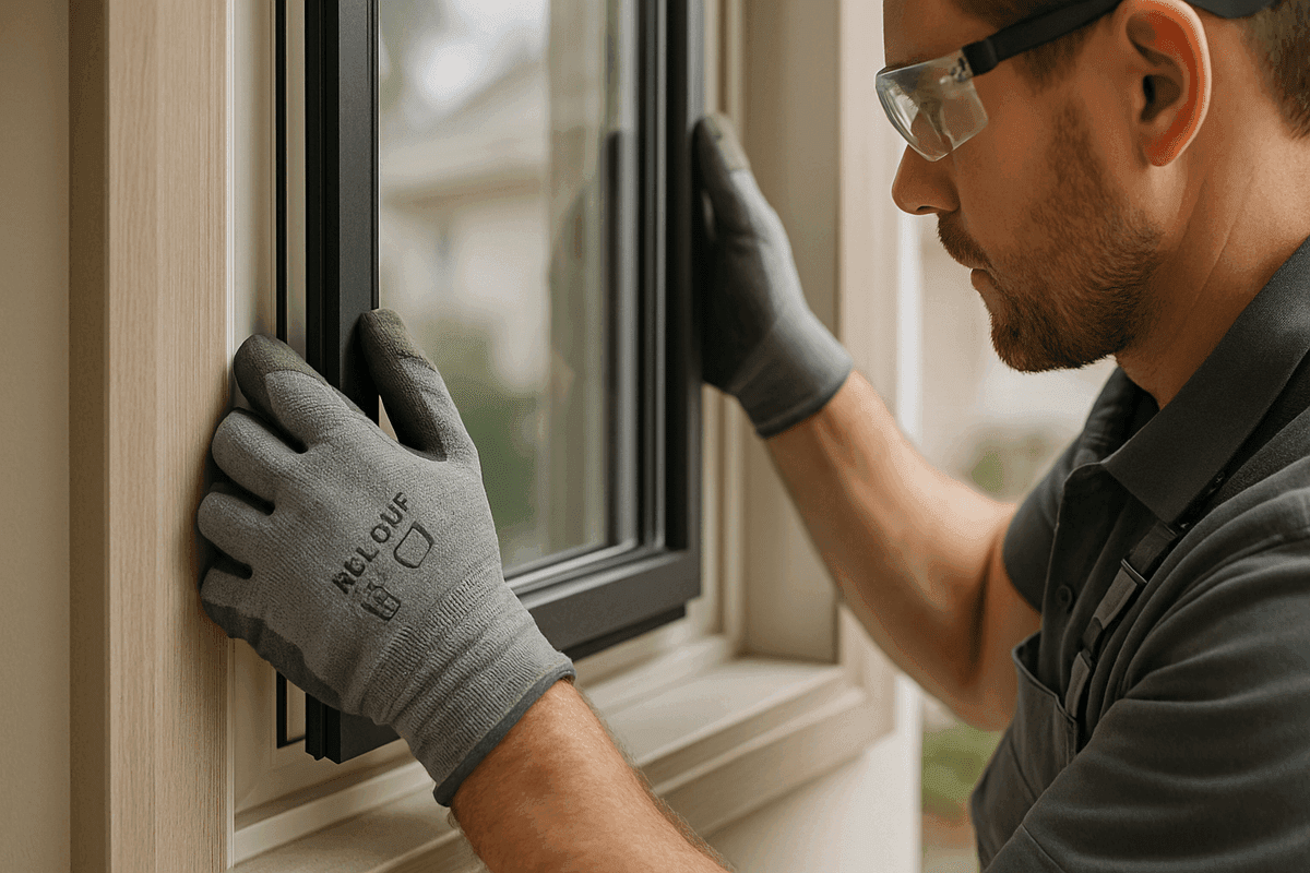 Close-up of gloved hands fitting double-pane window into prepared residential frame